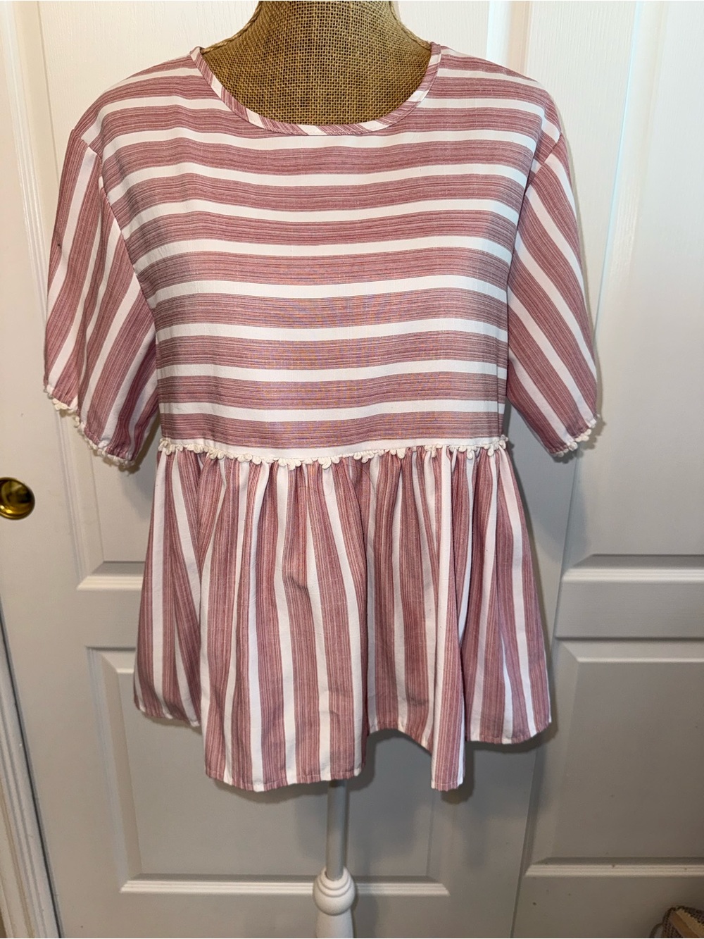 SHEIN Dusty Rose and White Striped Peplum Tunic